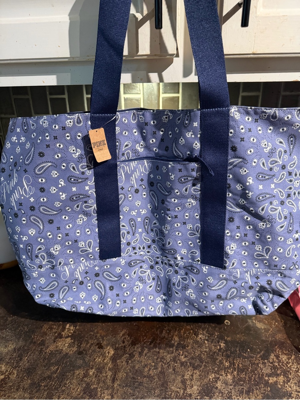 PINK Victoria's Secret Navy Paisley Canvas Tote Reversible hidden magnetic close